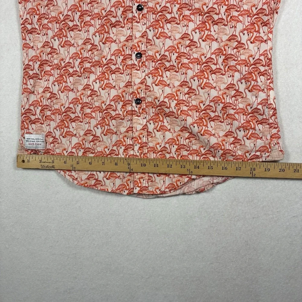 A Fish Named Fred Mens L Pink Flamingo AOP Short Sleeve Stretch Button Up Shirt